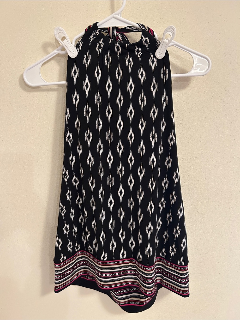 White House Black Market Black & White Patterned Halter Tank with Pink Border